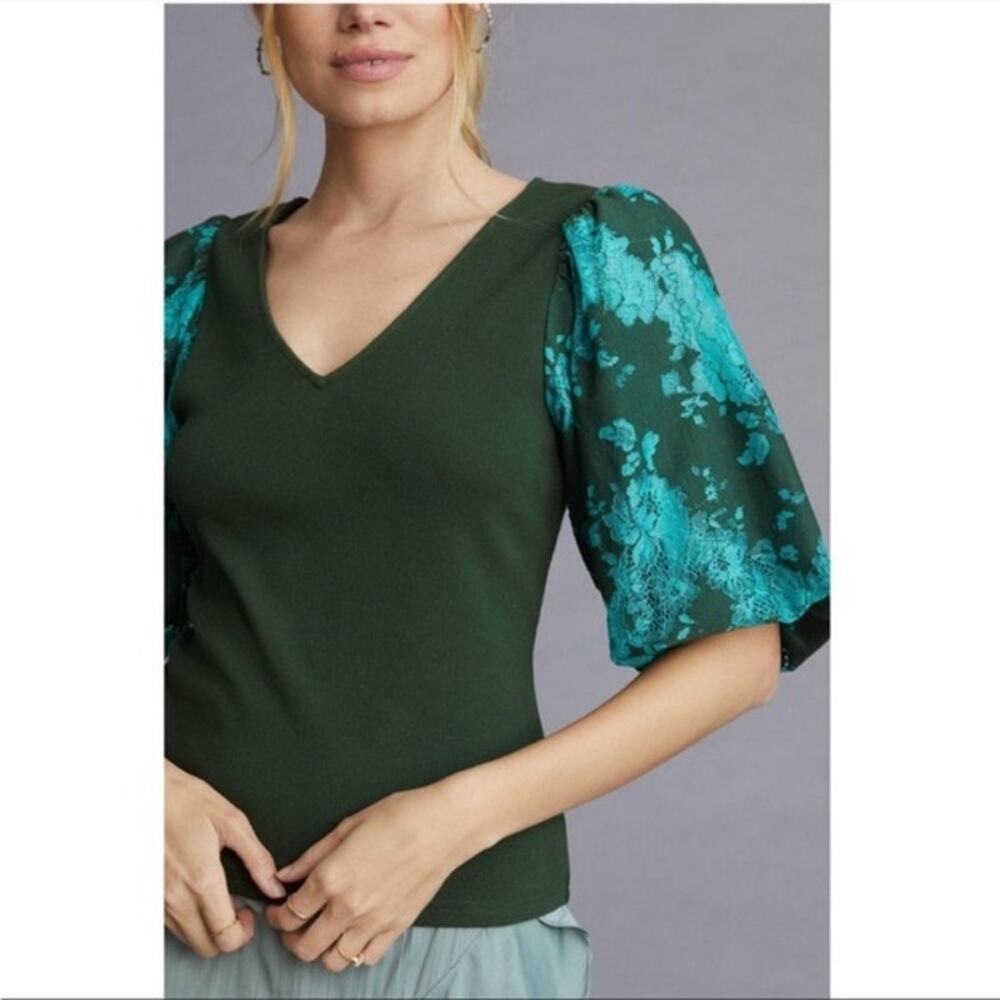 Anthropologie DOLAN | Left Coast Green Puff Sleeve Preppy Summer Blouse Sz XXS